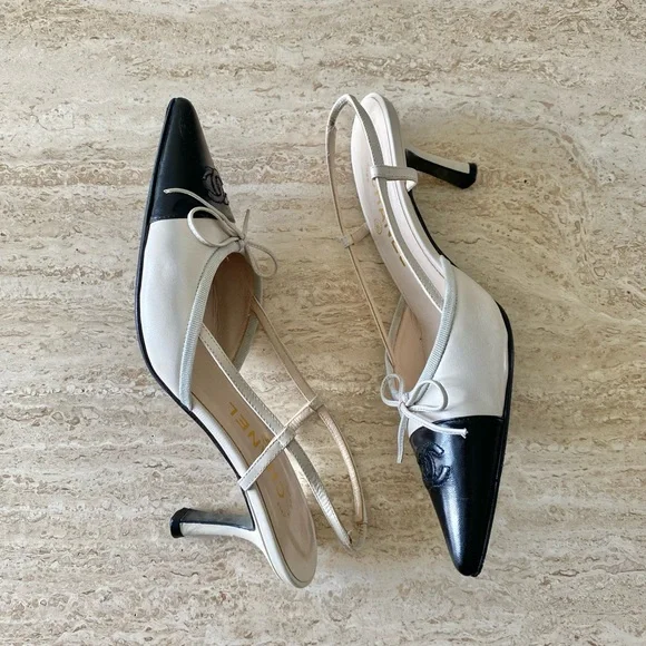 Vintage Chanel CC Bow Cap Toe Slingback Heels - Picture 5 of 9